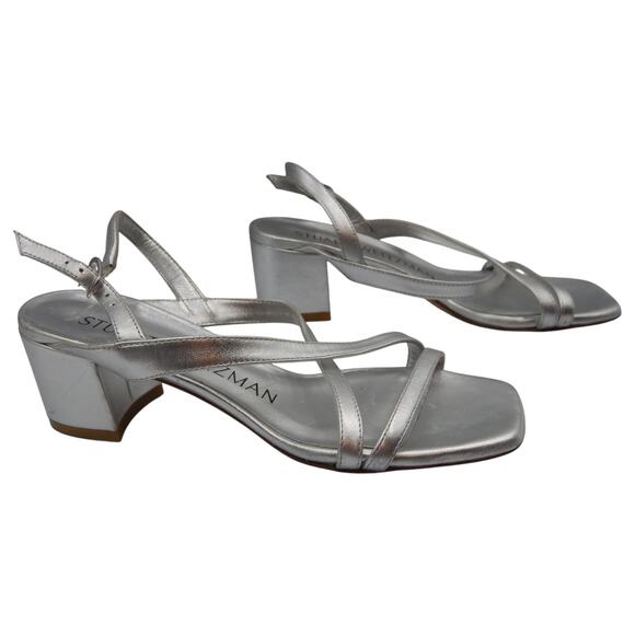 Stuart Weitzman Oasis 50 Sling Back Block Heels Sandals Metallic Silver Size 5B - Picture 4 of 6